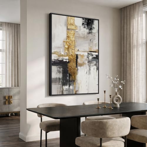 Extra Large Framed Black White Gold Abstract Wall Art