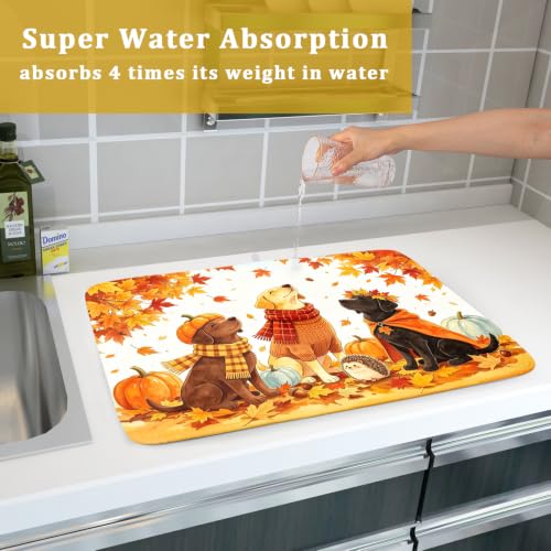 Fall Dish Drying Mat for Kitchen Counter Pumpkin Cute Dog Autumn Festival Super Absorbent Reversible Microfiber Kitchen Countertop Protector Dishes Pad Large 18x24 inch