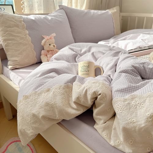 Purple Gingham Comforter Set Queen Romantic Lace Style Checkered Pattern Comforter Set Farmhouse Purple Grid Plaid Bedding Comforter Queen Fluffy Soft Lightweight Gingham Bedding Set