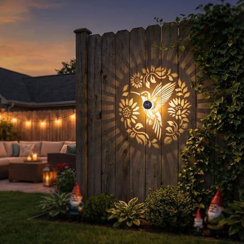 2 Pack Solar Fence Lights Metal Solar Powered Outdoor Wall Deck Step Lights Hummingbird Floral Theme Waterproof Fence Light for Garden Post Patio Backyard Yard Decor (2 Count)