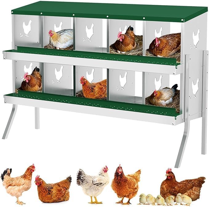 Chicken Nest Box, 10-Compartment Egg-Laying Box, Metal Hen House, Convenient for Collecting Eggs - Ventilated Poultry House Equipment - Suitable for Hens, Ducks Green,with Stand