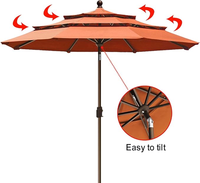 EliteShade USA 9Ft 3 Tiers Market Umbrella Patio Umbrella Outdoor Table Umbrella with Ventilation and 5 Years Non-Fading Top,Rust