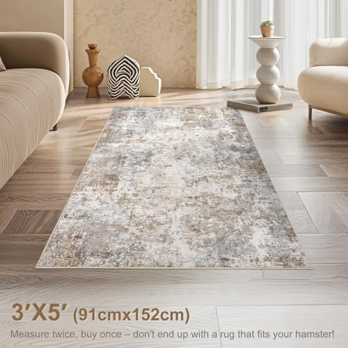 3x5 Entryway Area Rug Washable Neutral Brown Grey Small Carpet