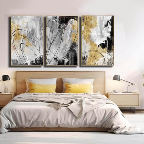 Gold Wall Art Abstract Wall Art Living Room Decor Black and White Canvas Picture Home Decor Wooden Frame Line Paintings Modern Artwork Office Decor 24"x 36"x 3 Pieces (3 Count)