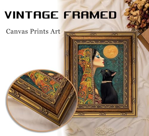 Vintage Gold Framed Boho Wall Art Moonlit Elegant Woman and Black Cat Painting Canvas Prints Gothic Dark Academia Moon Poster Bohemian Mystical Picture Artwork for Bedroom Living Room Home Décor