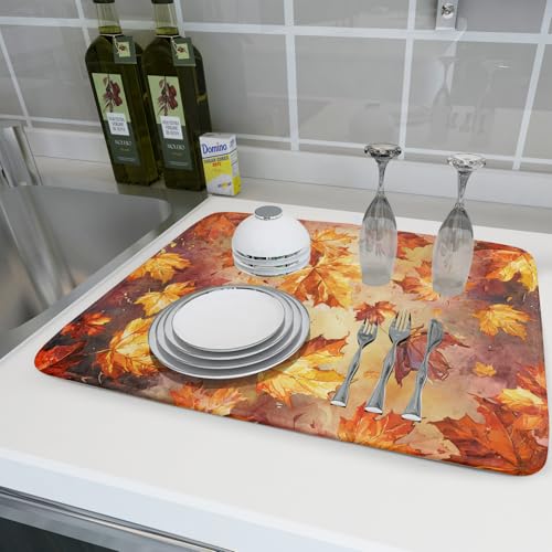 Fall Dish Drying Mat for Kitchen Counter Watercolor Maple Leaves Super Absorbent Reversible Microfiber Kitchen Countertop Protector Dishes Pad Large 18x24 inch