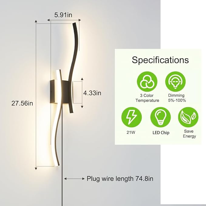 Modern Plug in Wall Sconce Set of 2, 3CCT Adjustable & Memory Function