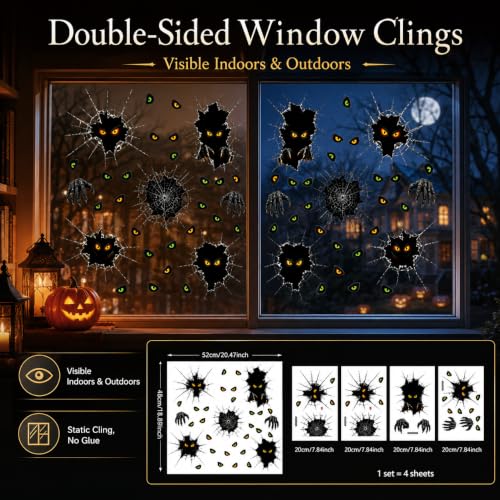 Halloween Window Clings Cute Ghost Spooky Black Cat Spider Web Eye Window Decals Stickers for Halloween Party Supplies Home Glass Decorations