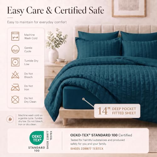Full Size Comforter Set 7 Pieces Lyons Blue Seersucker Bed in a Bag
