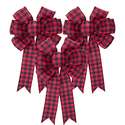 3 Pcs Large Red Black Buffalo Plaid Wreath Bows (3 Count)