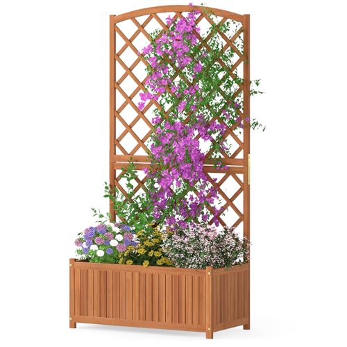 63" Wooden Raised Garden Bed with Trellis & Slat Bottom Base