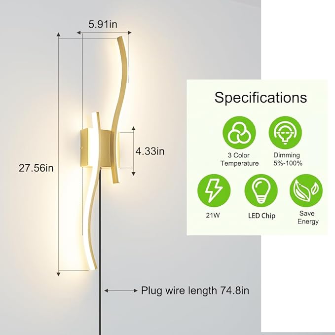 Modern Plug in Wall Sconce Set of 2, 3CCT Adjustable & Memory Function