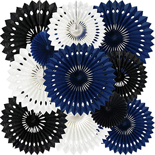 Honeycomb Round Paper Fans Black Blue White Hanging Party Decor (11 Count)