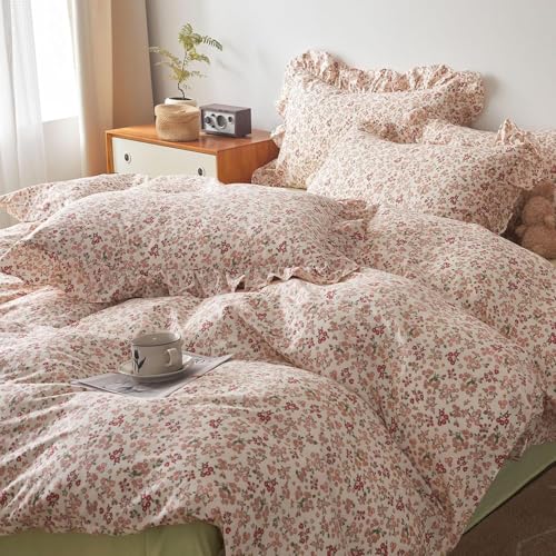Pink Red Flower Comforter Set King Vintage Garden Style Blooming Floral Comforter with 2 Ruffle Pillowcases Aesthetic Floral Bedding Set Soft Fluffy Cottagecore Comforter Set for Girls Women