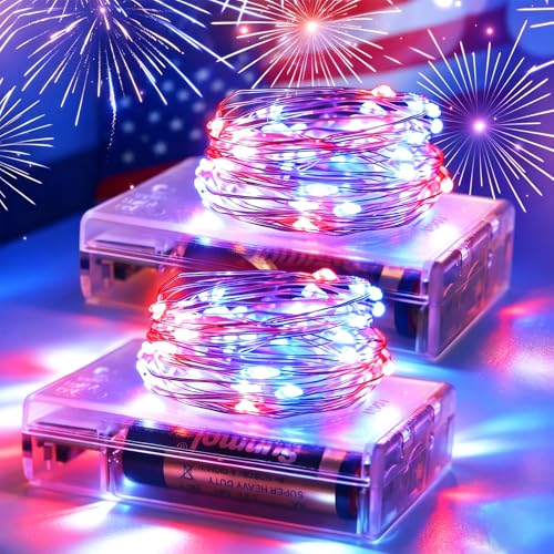 Patriotic Red White and Blue Fairy String Lights Battery Operated (33 Foot)