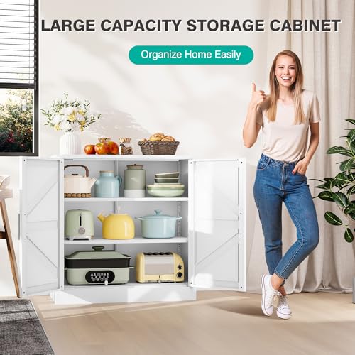 White Storage Cabinet with Doors and Adjustable Shelves