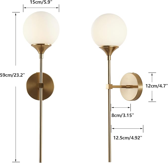 KCO Lighting Modern Milk Glass Wall Mounted Light Gold Long Sconces White Globe