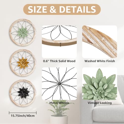 3 Piece Round Farmhouse Wall Decor with 6 Piece Interchangeable Flowers 15.75'' Medallion Wood & Metal Rustic Wall Art for Living Room Bedroom Kitchen Bathroom Dining Room Home Decorations