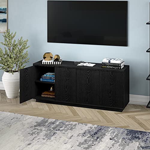Fluted TV Stand for TVs up to 65" with 2 Concealed Ribbed Storage Cabinets and Adjustable Shelves for Living Room