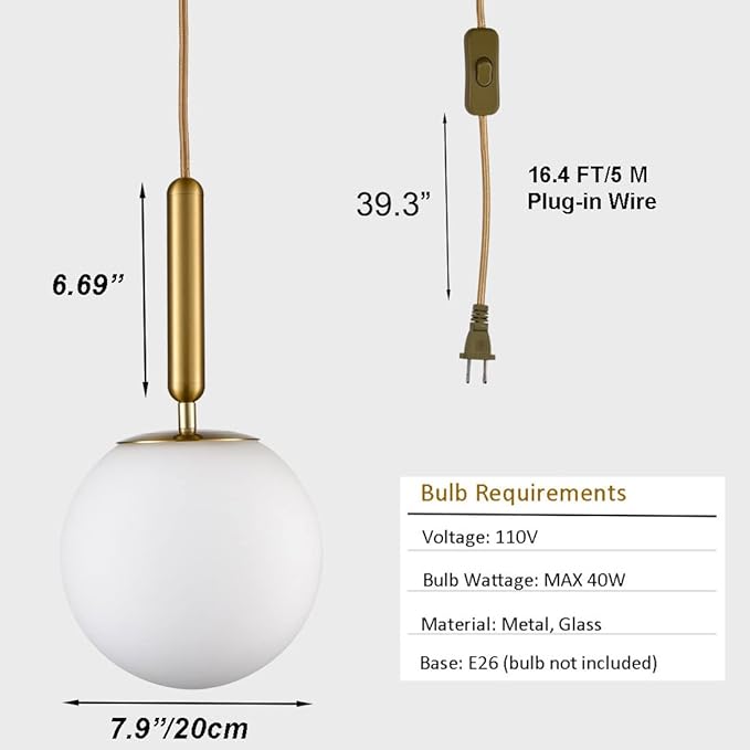 DIRYZON Mid Century Plug in Pendant Lighting