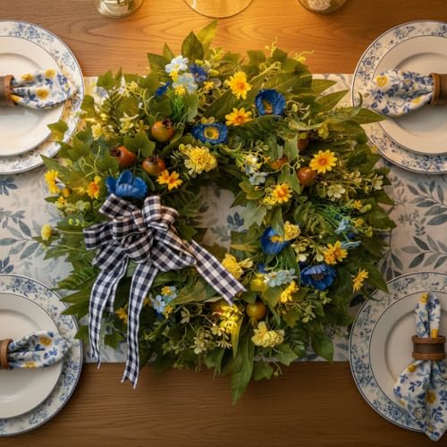 24 Inch Blue Yellow Summer Wreath for Front Door All Season Decor