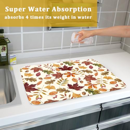 Fall Dish Drying Mat for Kitchen Counter Watercolor Autumn Leaves Festival Super Absorbent Reversible Microfiber Kitchen Countertop Protector Dishes Pad Large 18x24 inch