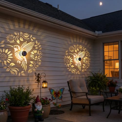 2 Pack Solar Fence Lights Metal Solar Powered Outdoor Wall Deck Step Lights Hummingbird Floral Theme Waterproof Fence Light for Garden Post Patio Backyard Yard Decor (2 Count)
