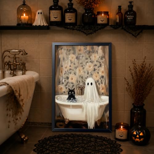 Funny Black Cat Bathroom Wall Art Framed Canvas Print