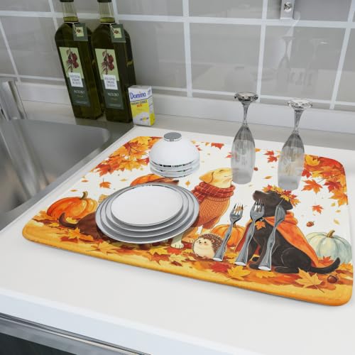 Fall Dish Drying Mat for Kitchen Counter Pumpkin Cute Dog Autumn Festival Super Absorbent Reversible Microfiber Kitchen Countertop Protector Dishes Pad Large 18x24 inch