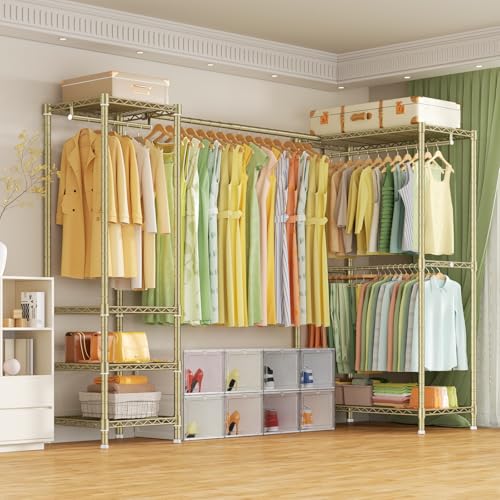 E10L L Shaped Clothes Rack for Corner（With Expandable Hanger Rod）Heavy Duty Freestanding Clothing Racks for Hanging Clothes