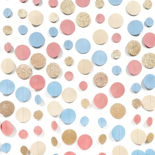 Champagne Gold Dusty Pink Blue Cream Beige Circle Dot Hanging Streamer Polka Dot Garland Banner for Birthday Wedding Bridal Shower Engagement Boho Gender Reveal Party Decorations Supplies