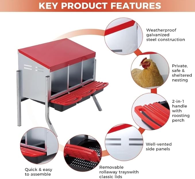 3-Hole Rollaway Chicken Nesting Box with Removable Galvanized Steel Tray & Perch - Easy-Clean Wall Mount or Freestanding Design for Hens, Ducks & Poultry, Includes Lid to Protect Eggs