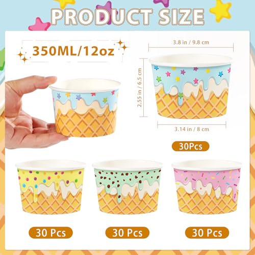 Greencian 120Pcs Summer Ice Cream Cups 12oz 4 Colors for Hot or Cold Food (12 Count)
