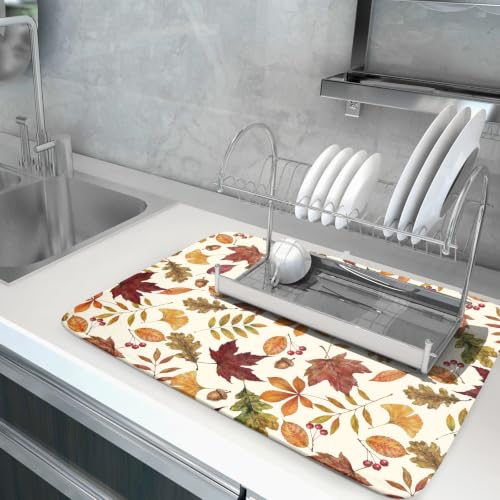 Fall Dish Drying Mat for Kitchen Counter Watercolor Autumn Leaves Festival Super Absorbent Reversible Microfiber Kitchen Countertop Protector Dishes Pad Large 18x24 inch