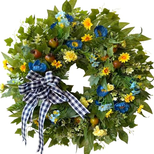 24 Inch Blue Yellow Summer Wreath for Front Door All Season Decor
