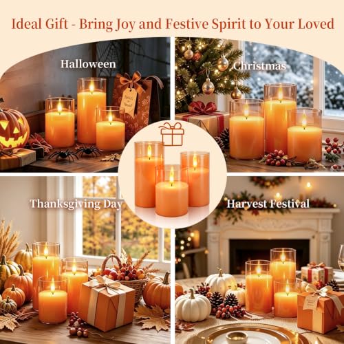 Orange Halloween Glass Flameless LED Pillar Candle with Remote Timer (3 Count)