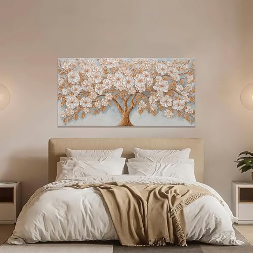 Large Canvas Wall Art Decor Modern White Flower Botanical Nature Wall Art Decor Gold Tree of Life Canvas Art Wall Decor For Living Room Wall Decor Floral Tree Artwork For Bedroom Home Office 24"×48"
