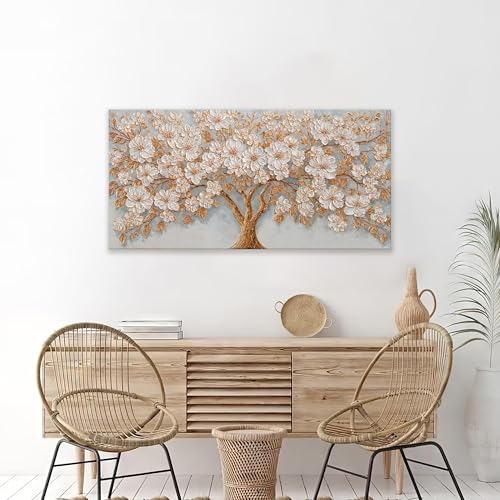Large Canvas Wall Art Decor Modern White Flower Botanical Nature Wall Art Decor Gold Tree of Life Canvas Art Wall Decor For Living Room Wall Decor Floral Tree Artwork For Bedroom Home Office 24"×48"