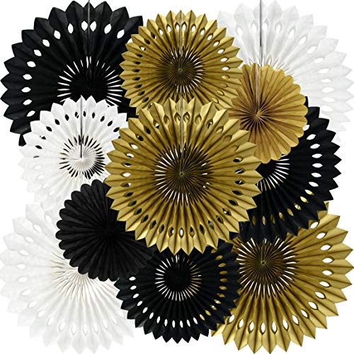 Honeycomb Round Paper Fan Black Gold White Hanging Party Supplies (9 Count)