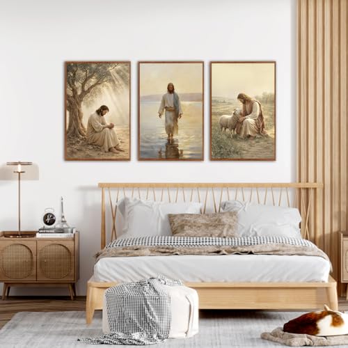 KAlRNE Jesus sheep Large Wall Art Christian Framed Print Set (3 Count)