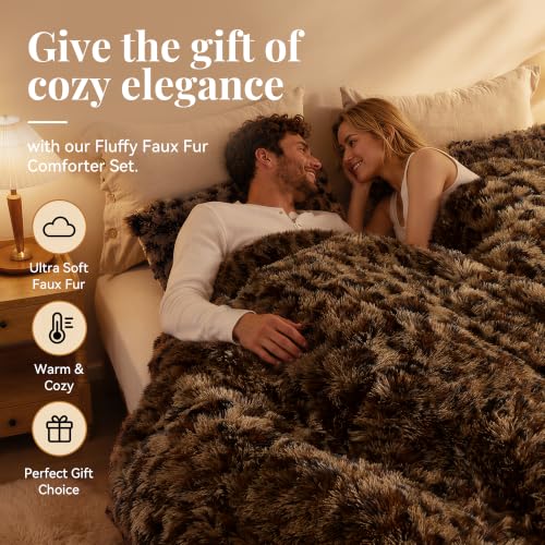 Fluffy Queen Comforter Set Leopard Print Faux Fur Comforter Set 3Pcs