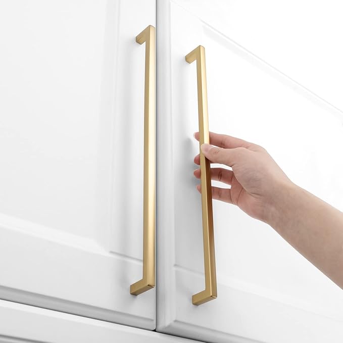 KOOFIZO Solid Square Bar Cabinet Handle - Brushed Gold Furniture Pull, 12.6 Inch/320mm Screwhole Distance, Pack of 5 for Kitchen Cupboard Door, Bedroom Dresser Drawer, Bathroom Wardrobe Hardware