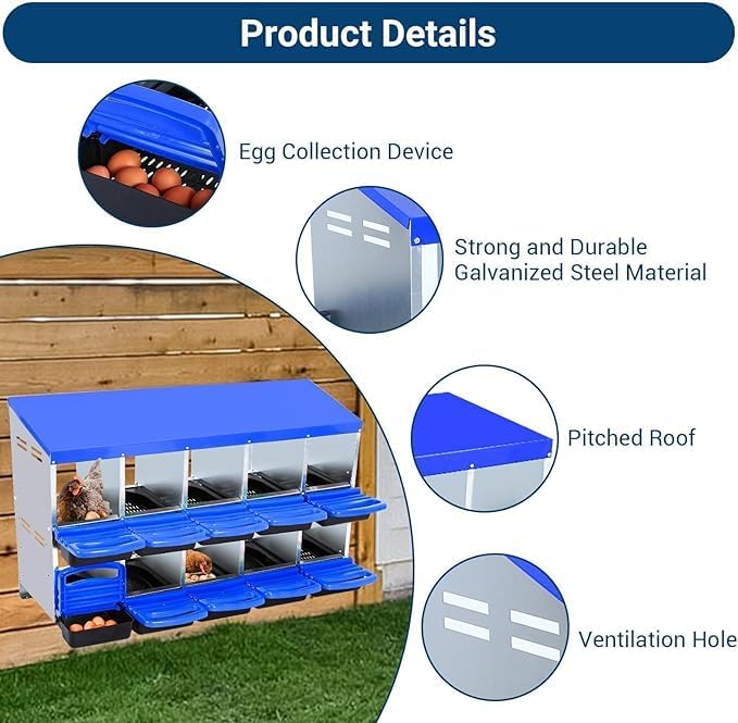 Chicken Nesting Box, 10-Compartment Egg Laying Box, Convenient for Collecting Eggs, Ventilated Poultry House Equipment in Metal Chicken Coop, Suitable for Hens and Ducks, (Blue, Without Stand)