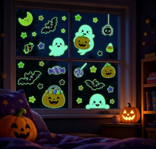 Glow in the Dark Halloween Window Stickers Luminous Ghost Witch Hat Pumpkin Candy Window Decals for Halloween Party Supplies Home Glass Decorations