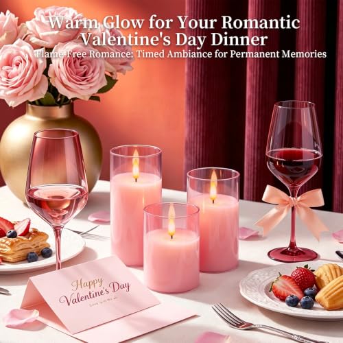Pink Glass Flameless LED Candles Battery Operated with Remote Timer