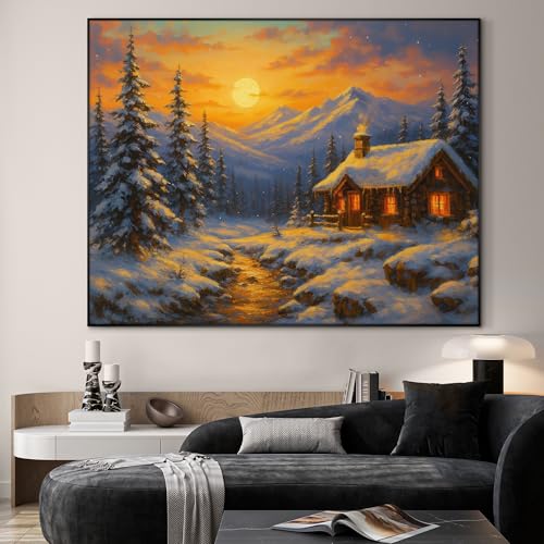36"x46" Extra Large Framed Wall Art Cozy Cabin in Snowy Mountain Landscape at Sunset for Home Living Room Bedroom Decor