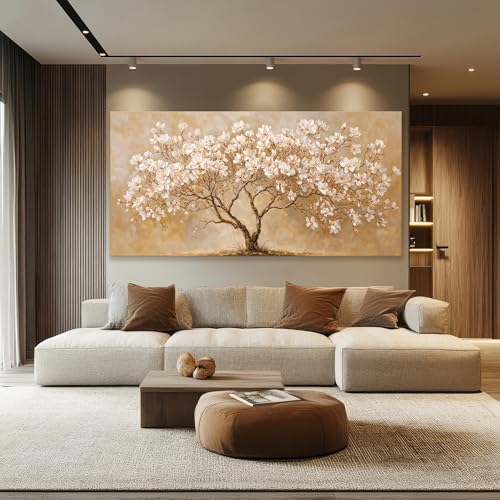 Oversized Canvas Wall Art Decor Beige Magnolia Tree of Life Canvas Art Wall Decor For Living Room Modern Tree Nature Canvas Prints White Flower Wall Art Decor For Bedroom Home Office Decor 29"×58"