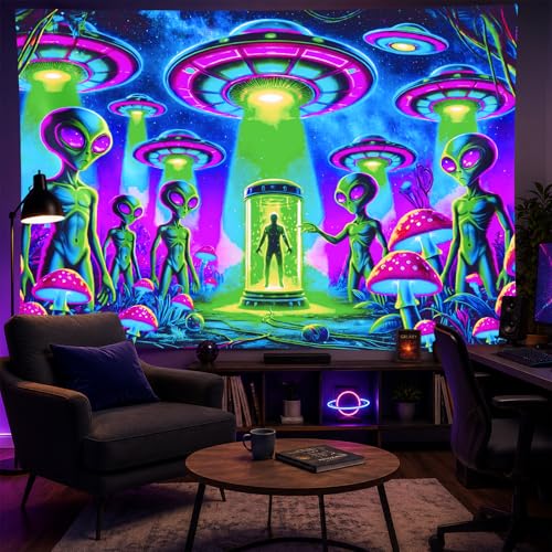 Blacklight Tapestry Alien UFO Room Wall Art 78 x 59 Inch