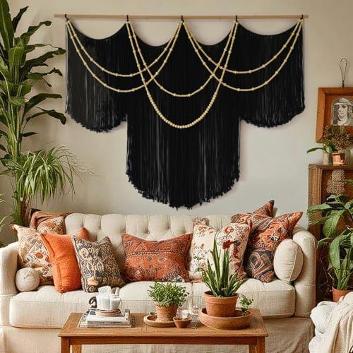 Macrame Wall Hanging Black Yarn Tapestry Boho Fiber Art Decor 57"W*43"L
