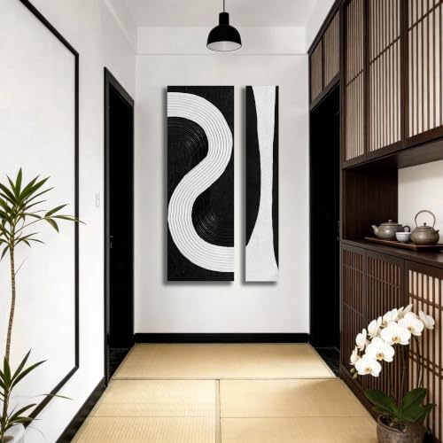 Black And White Abstract Wall Art For Office 2 Piece 3D Wall Decor For Bedroom 24 X 47 Inch